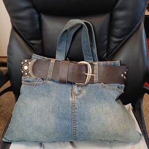 One Tuff Babe Denim Tote Bag with Brown Belt Accent